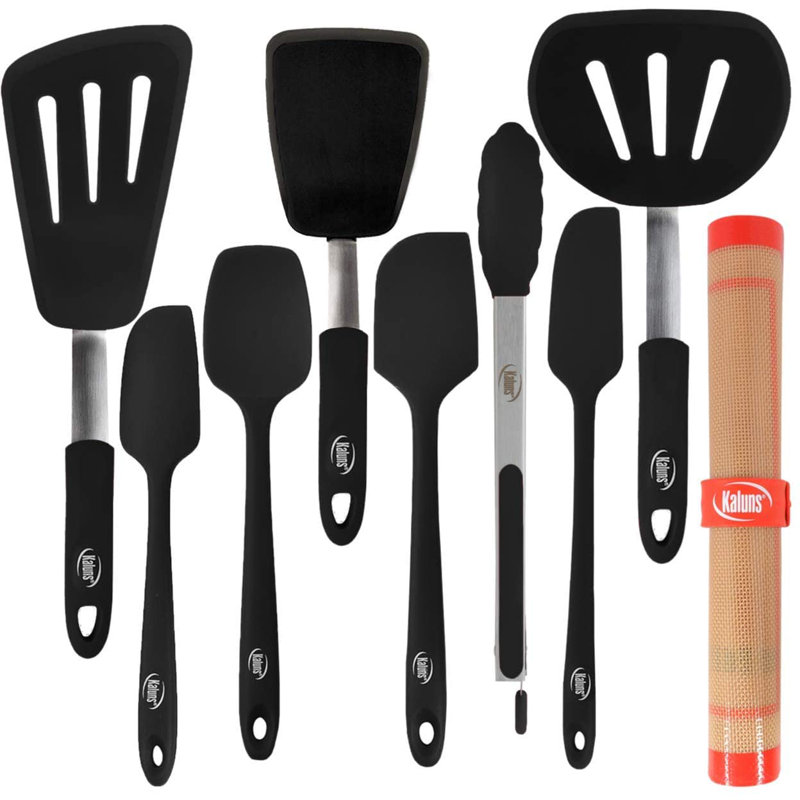 Ensemble d'ustensiles de cuisine KALUNS - Outils de cuisine en nylon et en acier inoxydable résistants à la chaleur, antiadhésifs, spatules ergonomiques noires, louches, cuillères et accessoires de cuisine