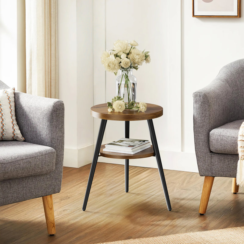 Round End Table With 3 Legs And 2-tier Storage, Rustic Oak
