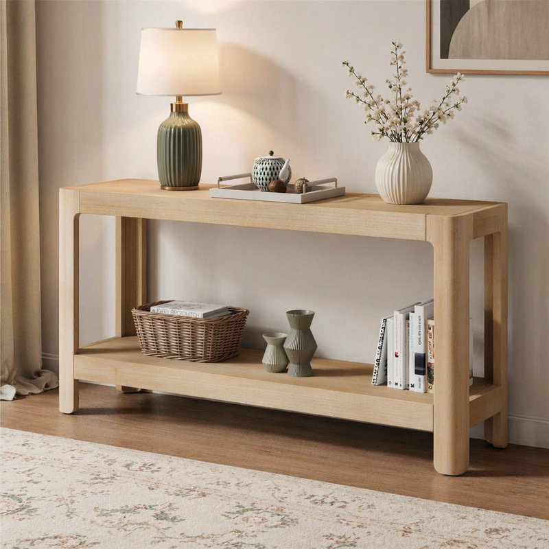 Console Modern Farmhouse avec coins arrondis et plateau en placage de bois, Natural