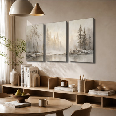 Impression sur toile murale, peinture à l'huile, brume d'hiver, forêt de pin, lac, paysage rétro, décor pour chambre à coucher