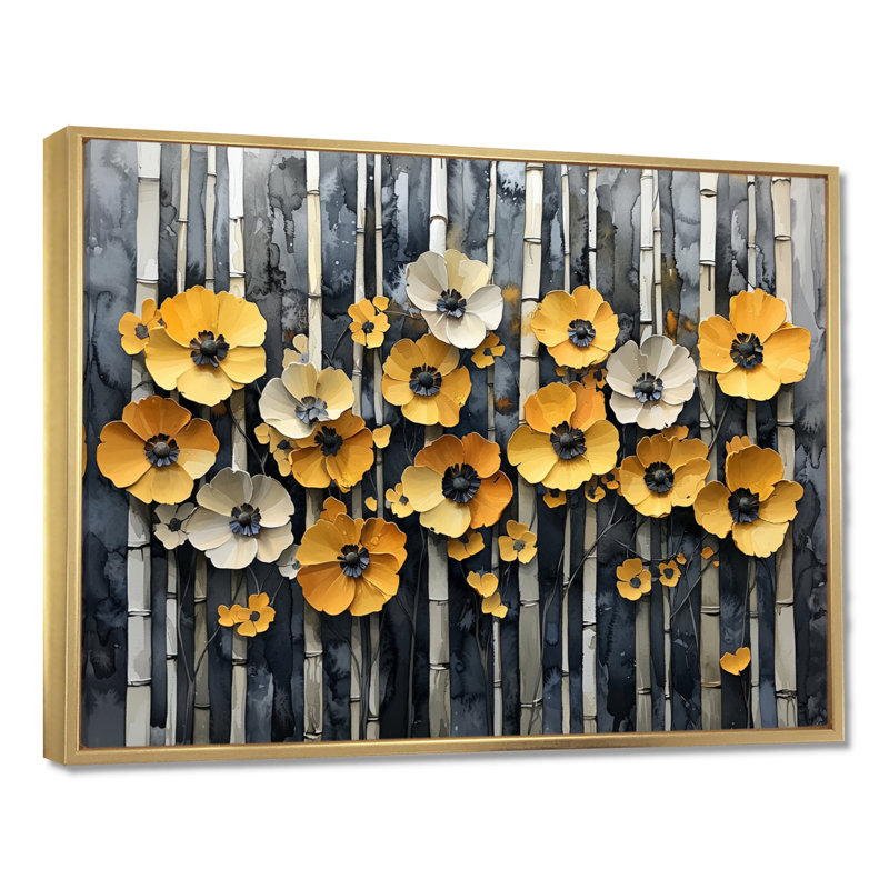 «Geometric Bambo Forest Horizon I», art mural en bambou pour le salon, H 24 po x l 32 po, Cadre flottant, Doré