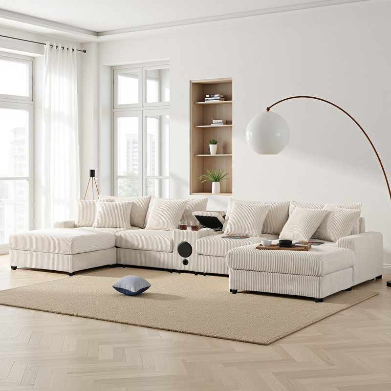 Canapé modulaire en U 144 pouces avec haut-parleurs Bluetooth et station de charge, canapé 6 places modulaire pour les appartements