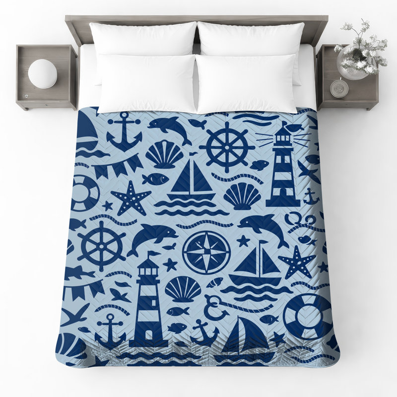 Nautical Elements Pattern Quilted Bedspread All Sizes, Twin