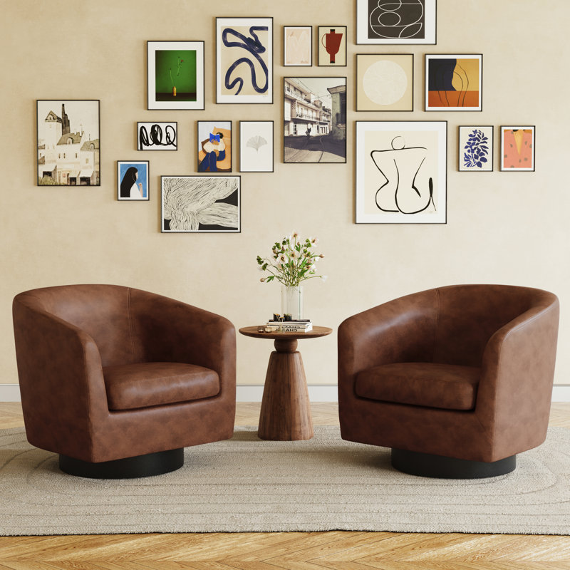 72Cm Wide Swivel Barrel Chair, Coffee Faux Leather/Black