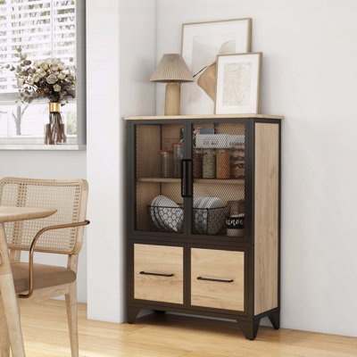 Armoire de rangement avec 4 portes en fer, poignée en métal noir, buffet avec tablette réglable, cadre en métal noir robuste et pieds en métal, facile à assembler, pour le salon, la cuisine, noir et naturel