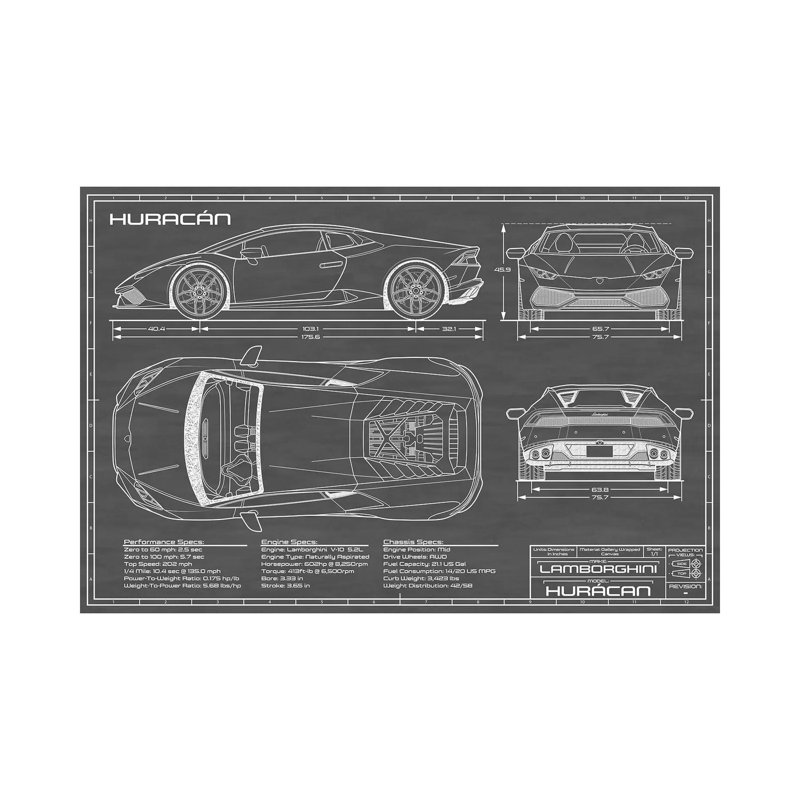 Lamborghini Huracan LP 610-4 | «Black» par Action Blueprints - impression sur toile tendue, H 12 po x l 18 po x 1,5 po