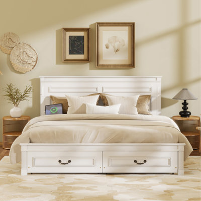 Lit très grand lit avec tête et pied de lit à grand panneau, 2 tiroirs de rangement, lumières DEL intégrées, station de charge USB, lit en bois de pin avec cadre de lit renforcé