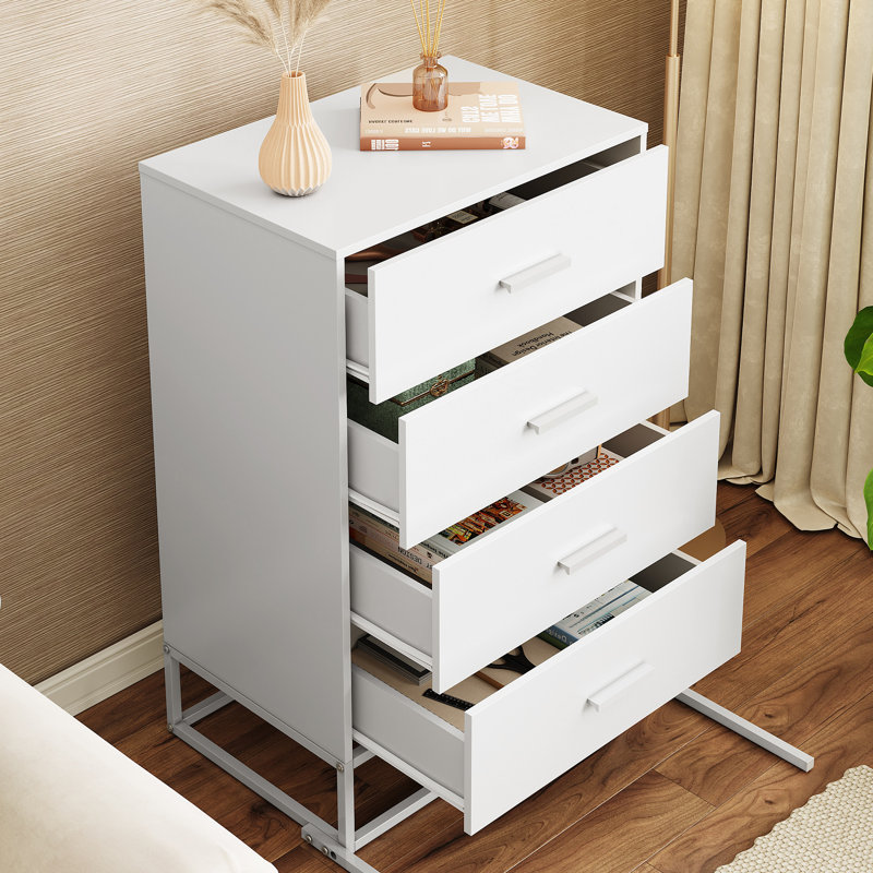 Ioannes 4-Drawer Wood Dresser for Bedroom, White Dresser with Sturdy Metal Frame, Modern Storage Organizer Chest of Drawers For Closet, Entryway, Hallway