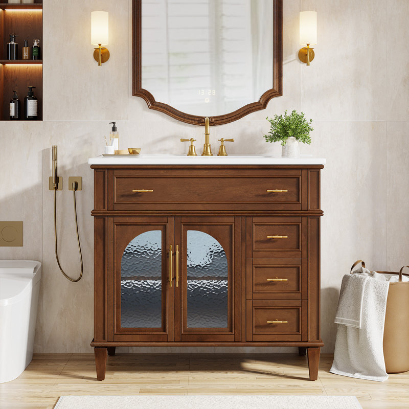 Meuble-lavabo de 91 cm avec lavabo en céramique, Marron foncé
