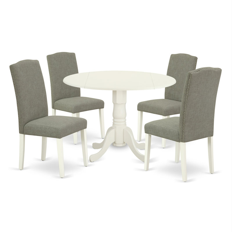 L'ensemble 5 pièces de table et chaises de cuisine comprend une table de salle à manger ronde avec Dropleaf et 4 chaises rembourrées en tissu de lin Shitake foncé, 42 x 42 pouces, blanc lin