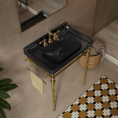 Vici 28" Bathroom Console Sink, Wall-Mounted Black Ceramic Vanity Basin With 3 Pre-Drilled Faucet Holes, Freestanding Stainless Steel Support Legs With Towel Bar, No Faucet & Sink Cover, Gold Color