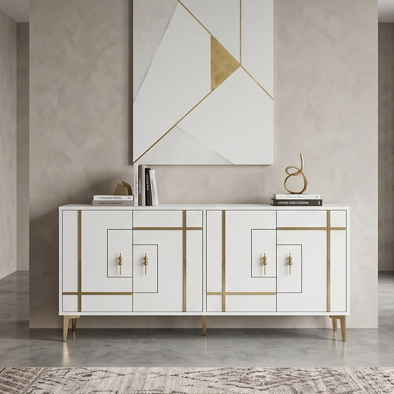 Buffet moderne 4 portes avec panneau géométrique doré / argenté, Blanc / Doré