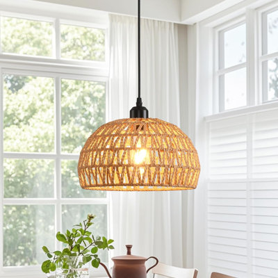Lustre en rotin 11 po Boho Dome, base E26, chaîne réglable, hauteur totale maximale: 60 po