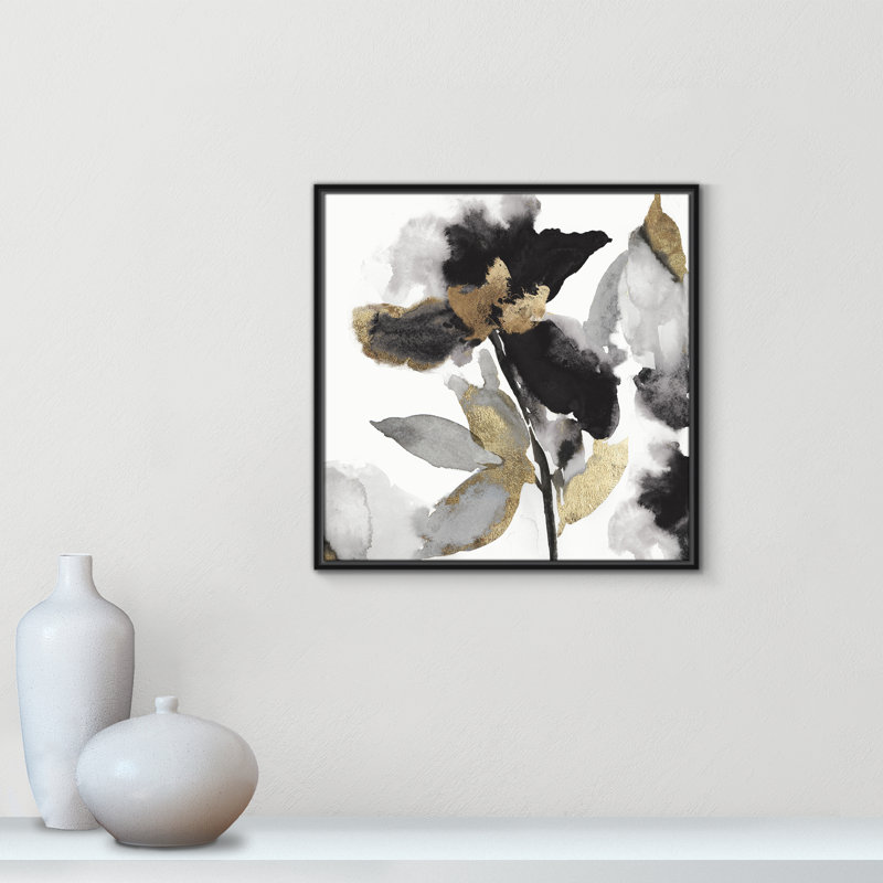 Black and Gold Floral Canvas Print with Ornate Frame, 26x26
