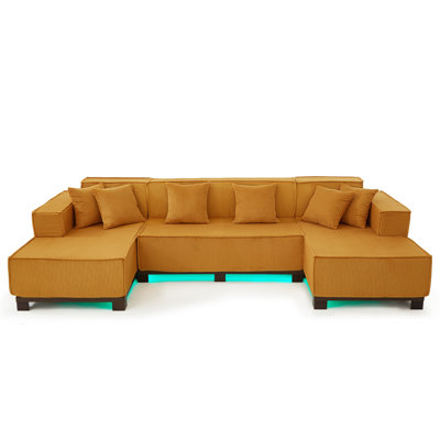 Modern 130" U-Shaped Sectional Sofa: RGB LED Light Strip, 6 Pillows, Ideal For Living Room, Orange