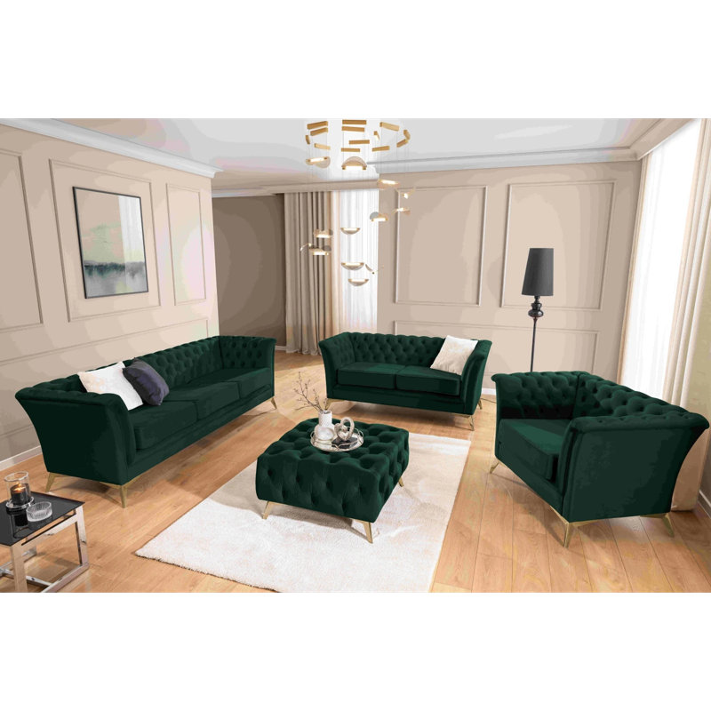 Whitby 3 - Piece Velvet Living Room Set, Gold, Bottle Green