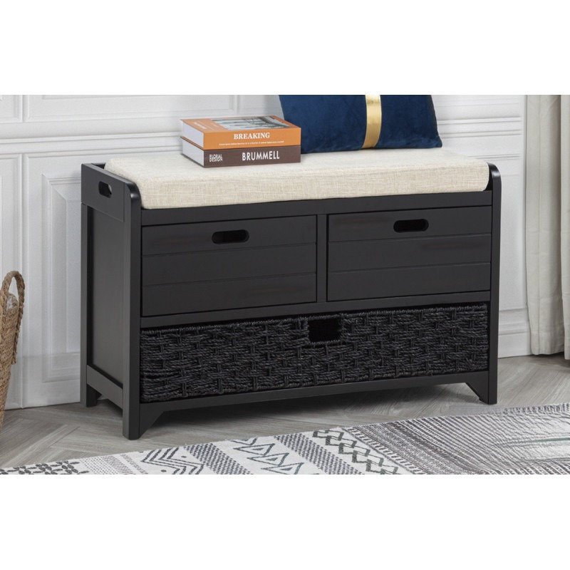 Banc de rangement avec panier amovible et 2 tiroirs, banc à chaussures entièrement assemblé avec coussin amovible, espresso