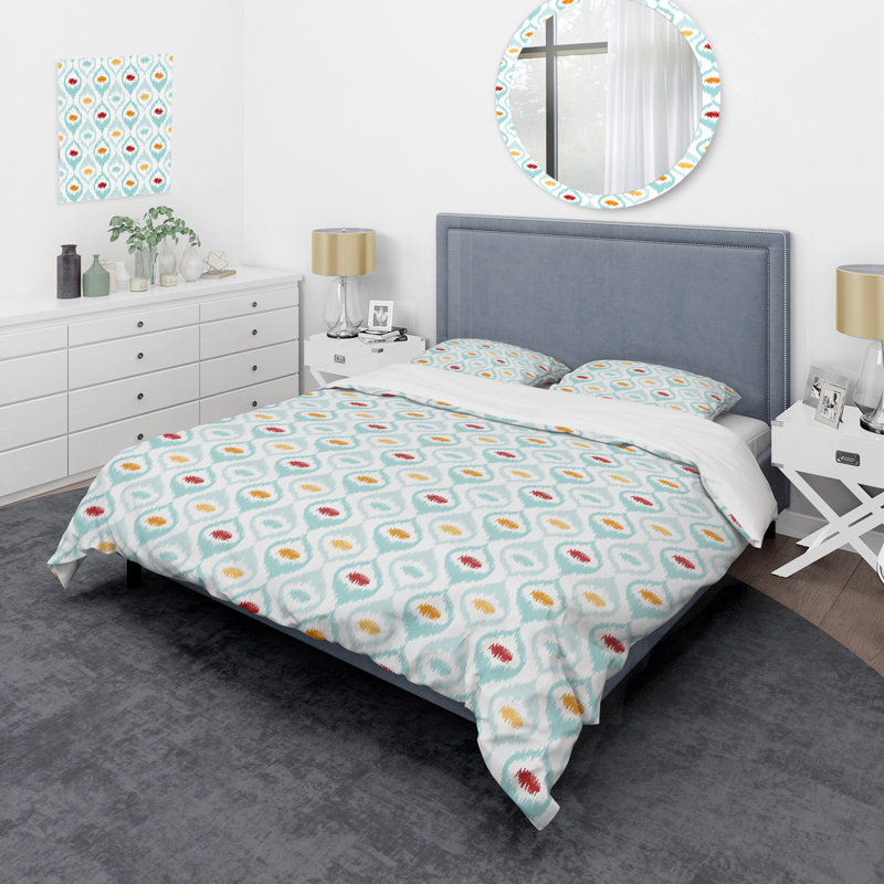 Green Ikat Ogee - Ensemble de housse de couette abstrait - Microfibre de polyester
