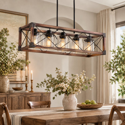 Lustre rectangulaire en bois à 5 lumières, luminaires de cuisine, suspension de style champêtre pour îlot de cuisine, table à manger ou salon