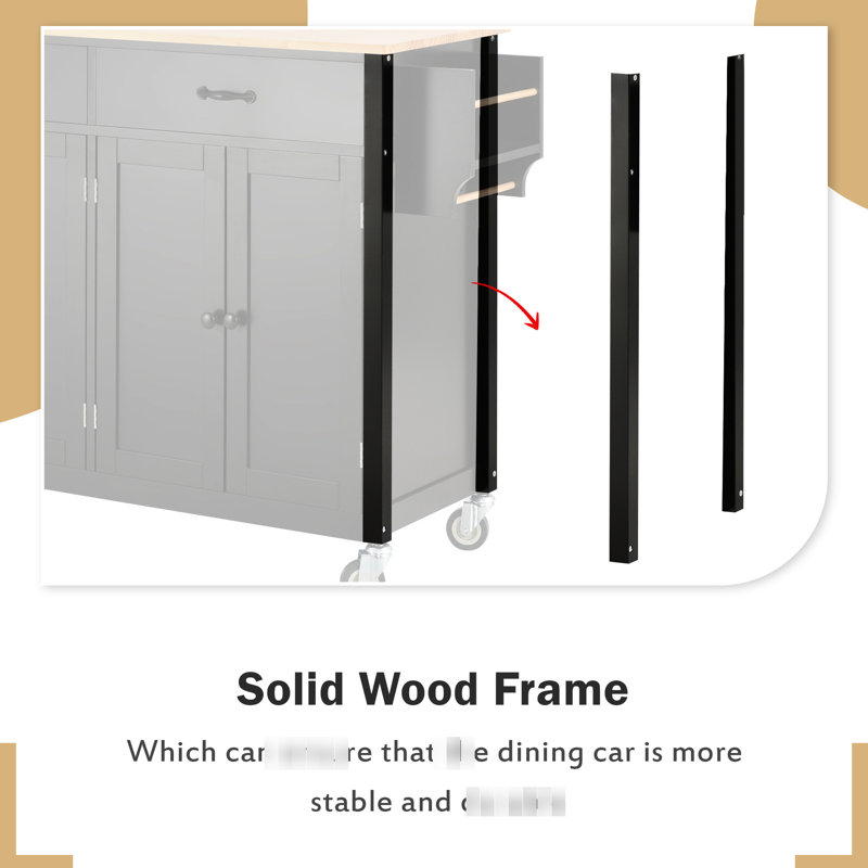 Kitchen Island Cart With Solid Wood Workspace, Black, 4 Door Cabinet, 2 Drawers, Spice Rack & Locking Wheels Wheels, Black Hue,