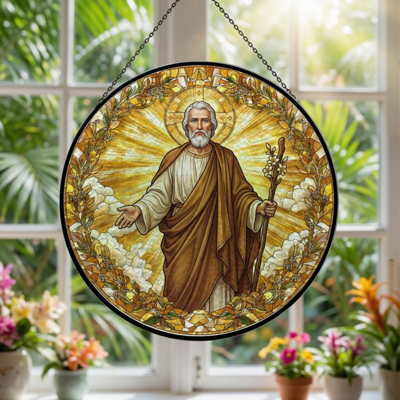 Saint Figure Stained Glass Window Panel，12"H, 12"H