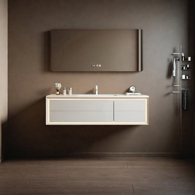 Simple and modern cream-style bathroom cabinet, White, 19.68" H x 51.18" W x 21.65" D