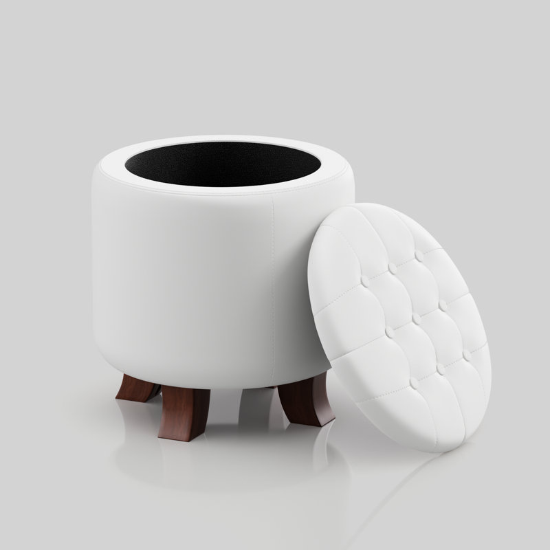 Storage Ottoman With Padded Seat, Modern PU Leather Footrest, Round Stool For Living Room Bedroom, White