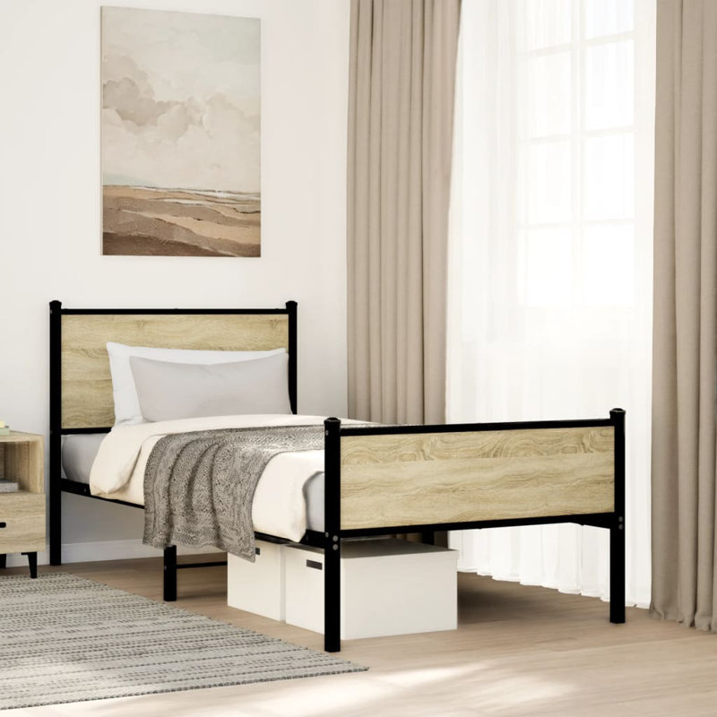 Vidaxl Metal Bed Frame Without Mattress ,  91.5cm H x 80cm W x 196cm L, Smoked Oak