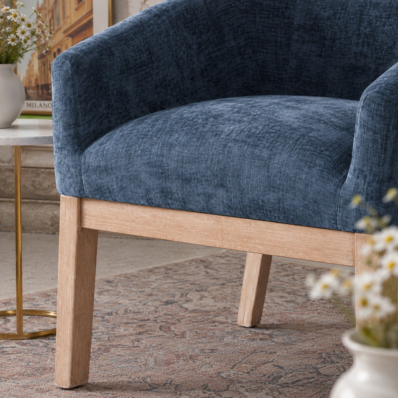 Chaise de salle à manger Ellvorn de style moderne du milieu du siècle, en lin, avec accoudoirs, revêtement en lin, structure en bois d'hévéa naturel, pieds incurvés et patins anti-rayures.