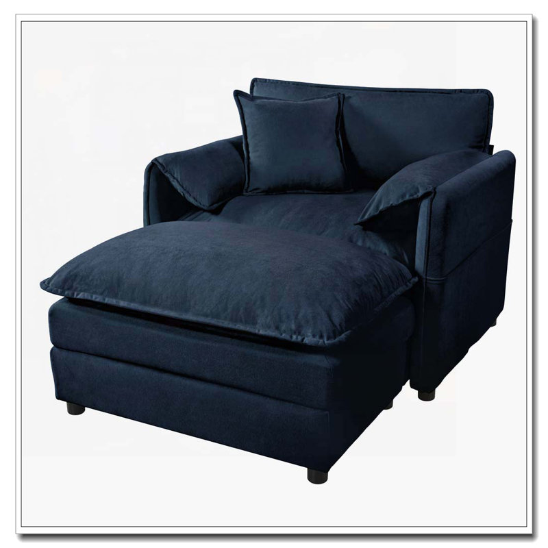 Fauteuil en tissu d'ameublement avec repose-pieds Chenille, Bleu