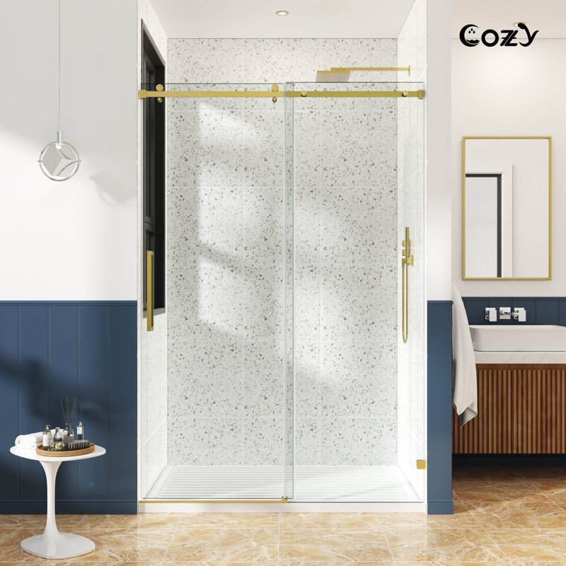 68-73" W X 76" H Frameless Single Sliding Shower Door with 3/8" (10mm) Clear Tempered Glass, Shatter-Resistant Film & Installation Hole Locator - Square Top Rail