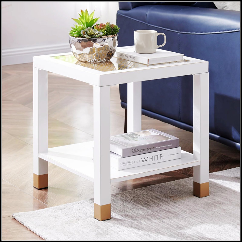 Table d'appoint carrée avec tablette, style bohème, plateau en verre trempé, structure en métal, 2 niveaux, parfaite pour le salon et la chambre à coucher