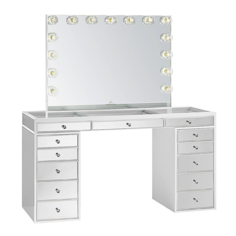 Table de coiffeuse de qualité supérieure avec miroir, tiroirs à deux étages et plateau en verre transparent Slay Station Pro 