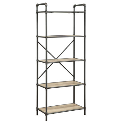 Bibliothèque au fini chêne antique et gris sablé - Design industriel avec tablettes en bois brossé à la main et en bois