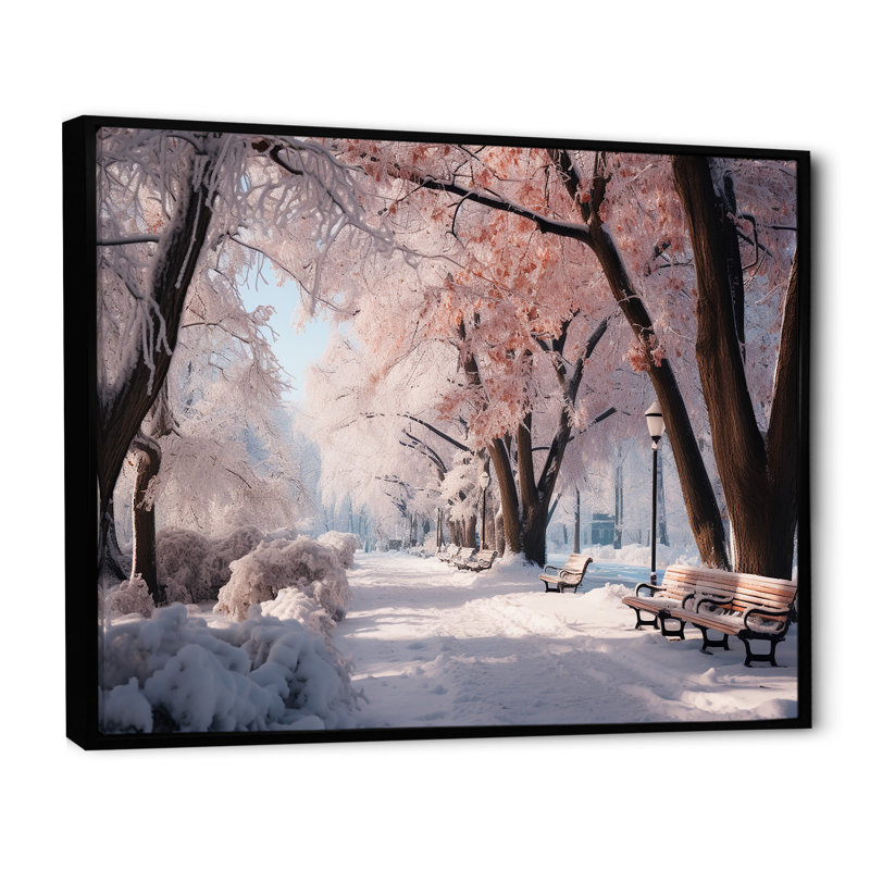 «Pink Snowy Park Floral Canopy», art mural sur toile, H 30 po x l 40 po x P 1,5 po, Cadre flottant noir