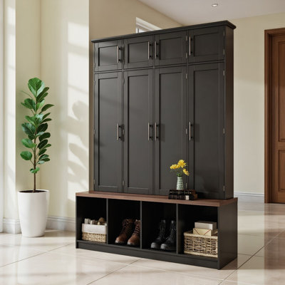 4-in-1 Entryway Hall Tree with Bench & Storage – Walnut Finish, 8 Cabinets, 4 Open Compartments