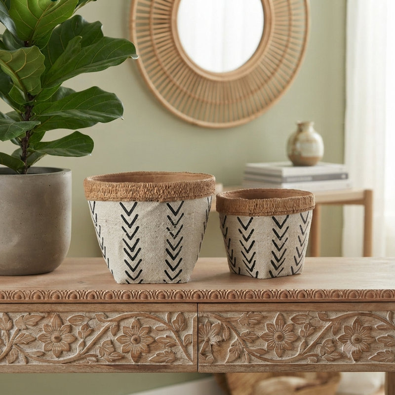 Jardinières géométriques à motif en V: ensemble de 2 pots à fleurs en ciment - Style bohème scandinave moderne et éclectique