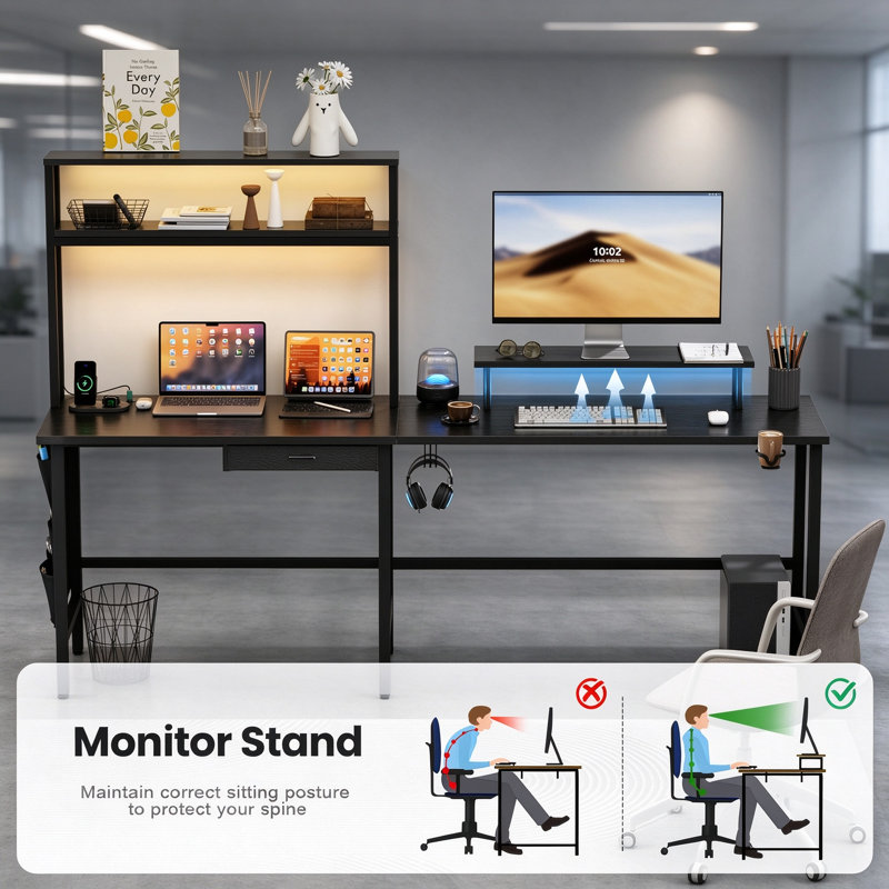 Reversible L-Corner Workstation Desks & Storage Unit, Gaming & Home Office Computer Station with LED Lighting, Power Socket, Drawer, Storage Shelves and Monitor Riser, Multi-Purpose Study Table Available in 4 Finishes