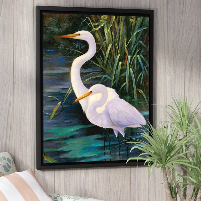 «Snowy Egrets II», photographie sur toile, H 10 po x l 8 po x P 2 po, Cadre flottant noir