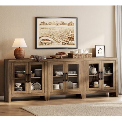 Sideboard Buffet Cabinet, 95" Large Sideboard Accent Cabinets With 6 Glass Doors, Modern Farmhouse Coffee Bar Cabinet, Wood Console Table For Kitchen, Dining Room, Living Room