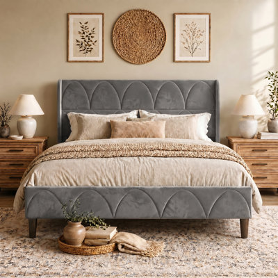 Velvet Upholstered Bed with Wingback Headboard