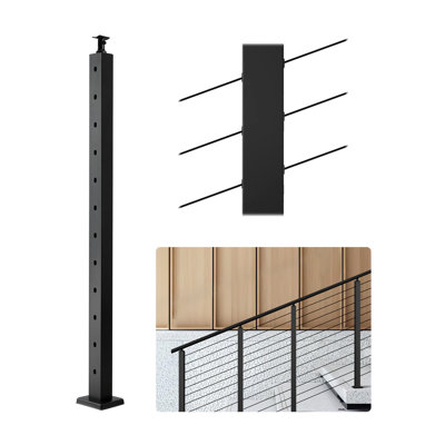Cable Railing Post, 42x1x2 Inch Stair Railing Post, with Pre-Drilled 30° Angled Holes, Stainless Steel Cable Rail Post with Horizontal and Curved Bracket, 1-Pack, Black
