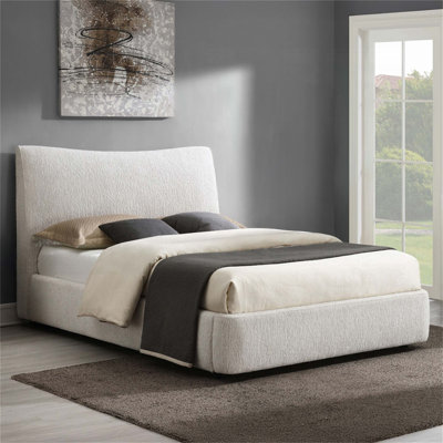 Luxueux lit plateforme tapissier en chenille beige Aperol avec tête de lit rembourrée pour un confort et un style modernes