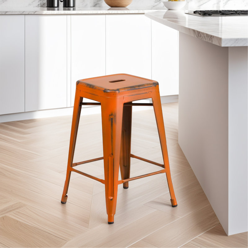 Kai Industrial Style Bar Stool - Set of 4 - Modern Metal Counter or Bar Height, Distressed Orange