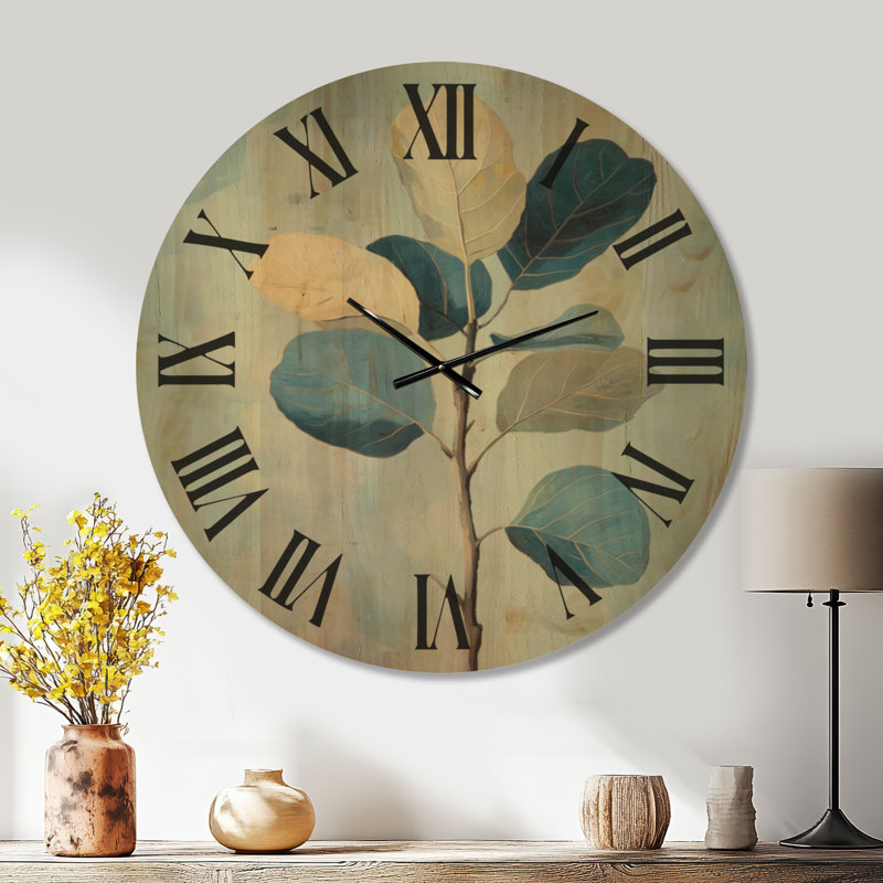 Horloge murale décorative botanique en forme de branche de figuier bleue, imprimée sur bois, Très grand