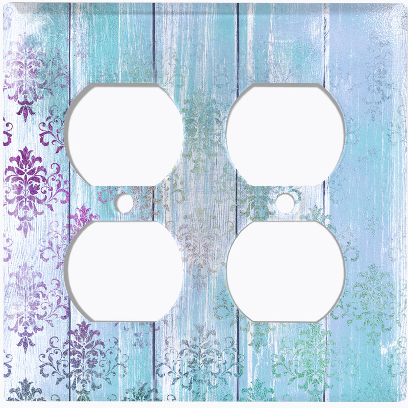 Metal Light Switch Plate Outlet Cover (Light Blue Damask Purple Fence - Double Duplex)