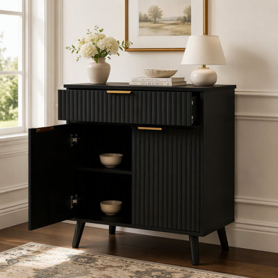 Versatile Kitchen Storage Cabinet with Adjustable Shelves, 1 Drawer, and 2 Doors, Solid Wood Feet for Living Room and Entryway