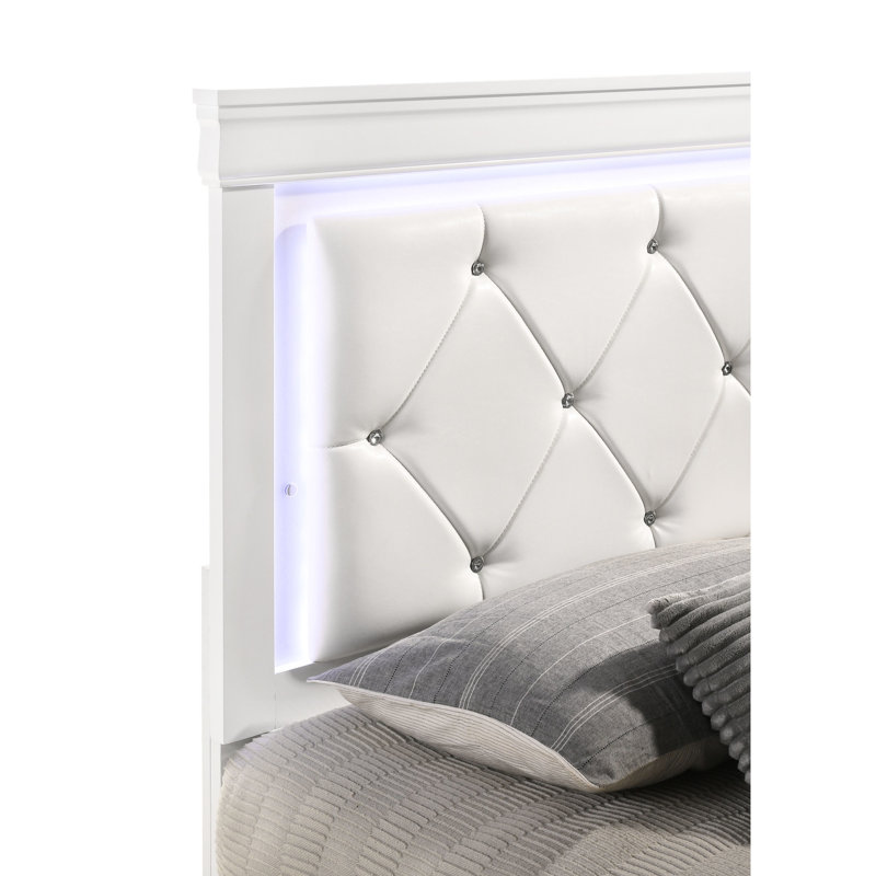 Lit à DEL élégant avec cadre en bois massif et revêtement blanc moderne, Blanc