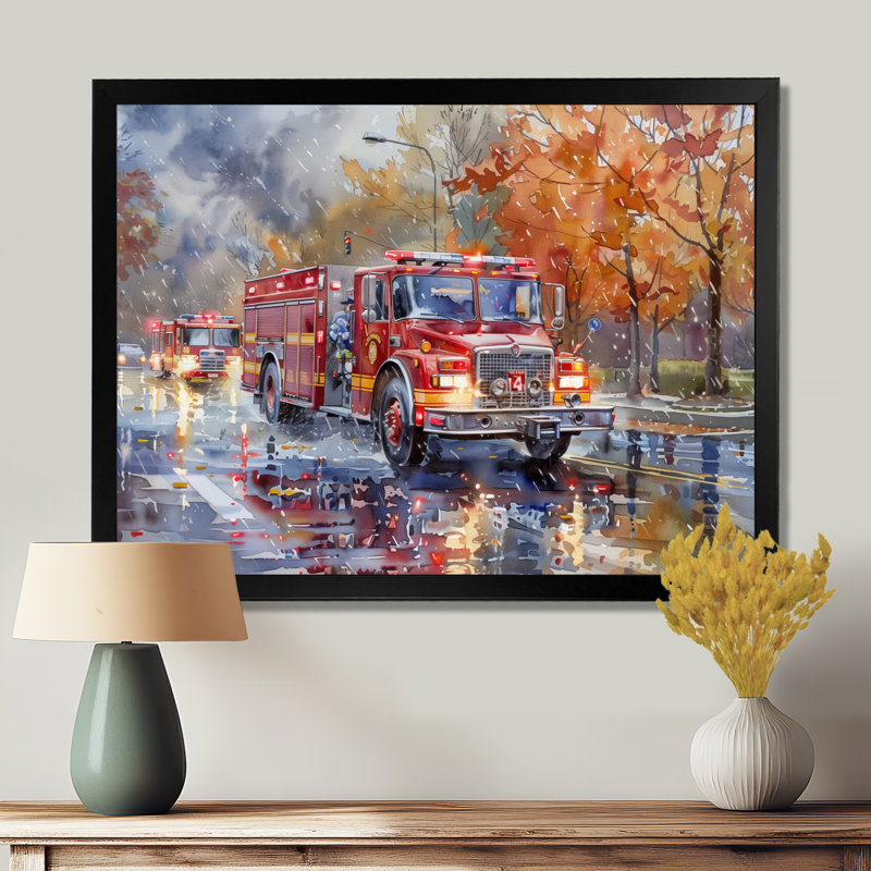 Camion de pompier rouge en automne, New York II, H 24 po x l 32 po x P 1 po, Toile encadrée noire simple