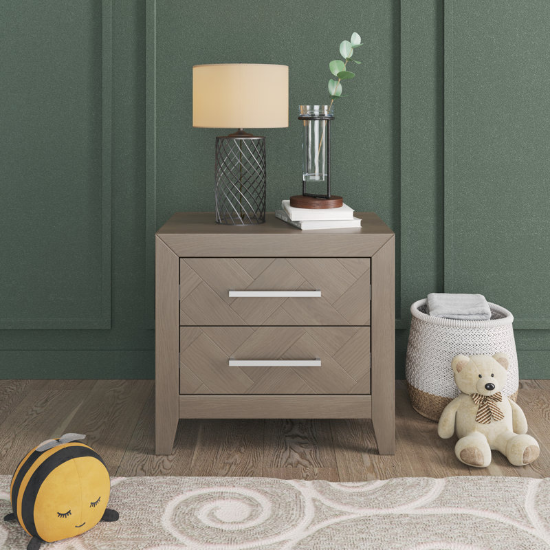 Crescent Gray Herringbone 2-Drawer Nightstand with Metal Pulls